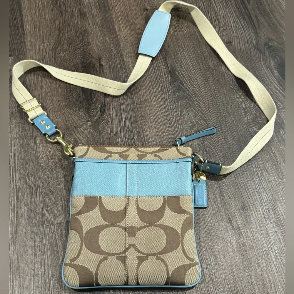 COACH Brown With Blue Signature Crossbody Handbag - Picture 1 of 14